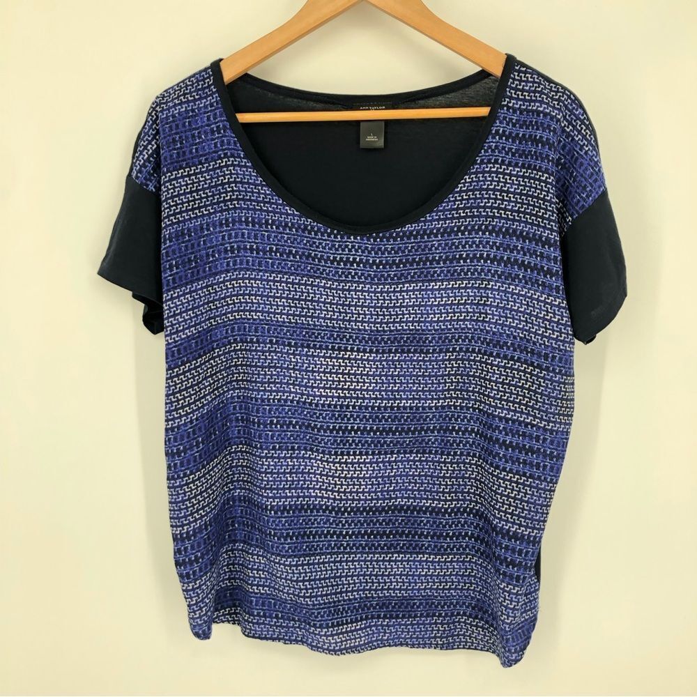Ann Taylor Blouse Womens Large Blue Printed Popover Lightweight Mixed Media